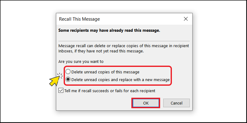 Lựa chọn recall email và replace bằng email mới