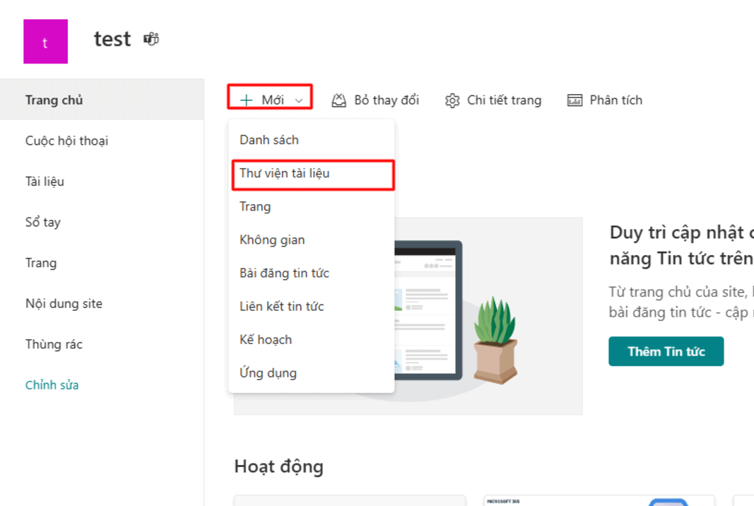 Hướng dẫn cách thêm thư viện vào site nhóm