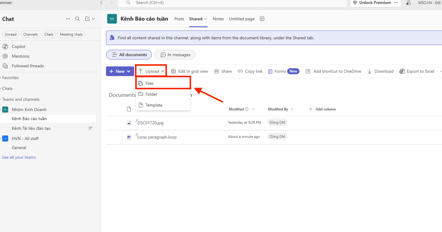 Cách nộp bài trên Teams qua tính năng "Shared"