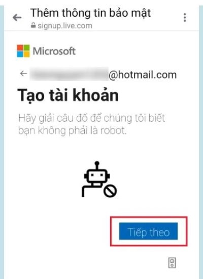 bấm vào tiếp theo để tạo tài khoản