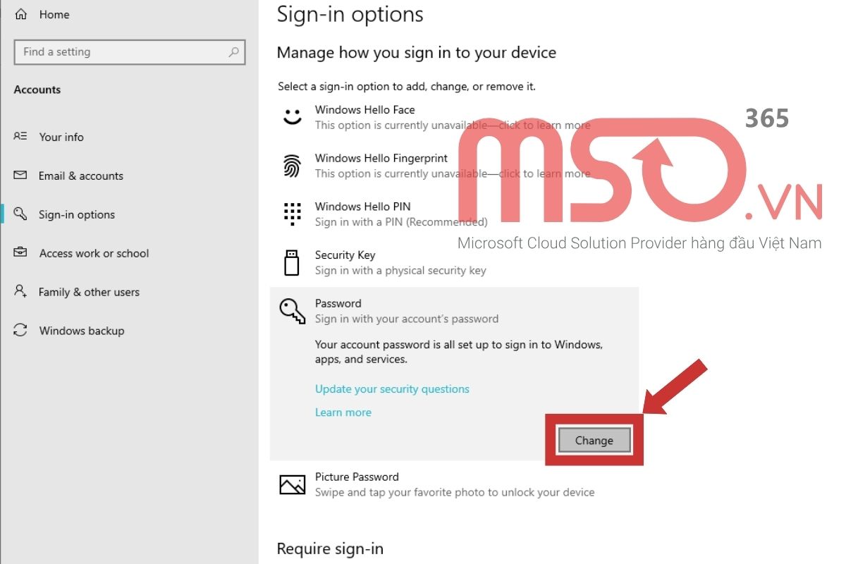 Đổi mật khẩu Microsoft từ Windows nếu đang đăng nhập bằng tài khoản Microsoft