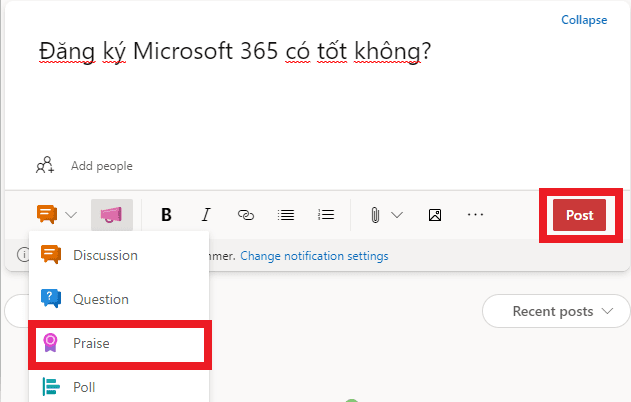 Hướng dẫn gửi lời khen thưởng trên yammer