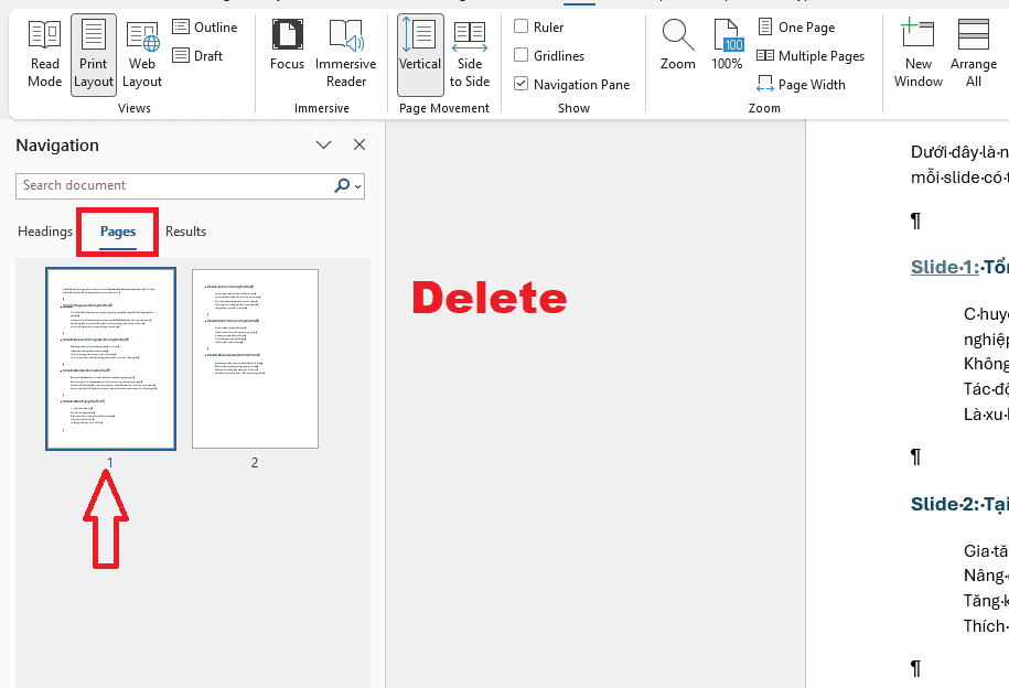 Xóa trang trong Word bằng Navigation Pane linh hoạt
