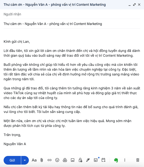 Mẫu Email cảm ơn sau buổi phỏng vấn