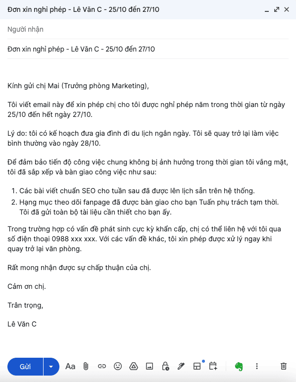 Mẫu Email xin nghỉ phép
