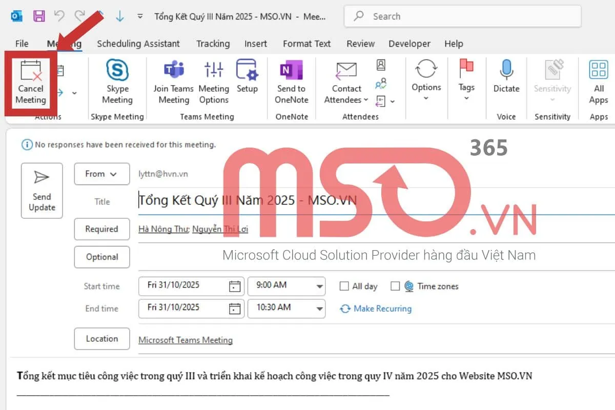 Cách hủy cuộc họp đã tạo trong Outlook
