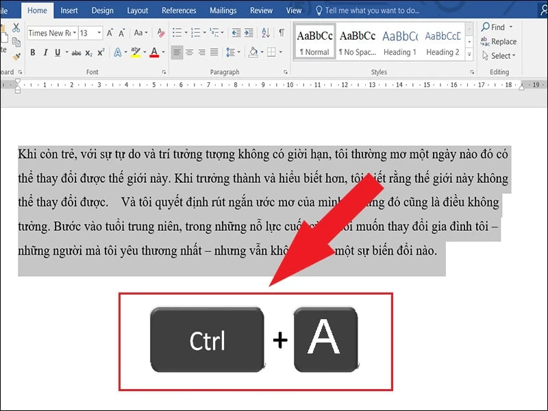 Ctrl + A: Khoanh vùng toàn bộ dữ liệu văn bản