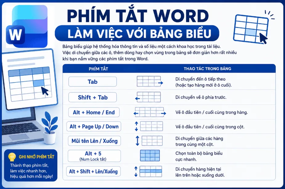 Nhóm phím tắt làm việc với bảng biểu