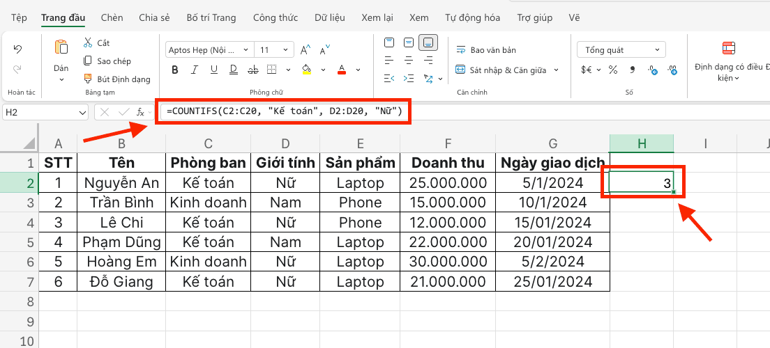 Đếm dữ liệu dựa trên nhiều điều kiện là chữ (văn bản)