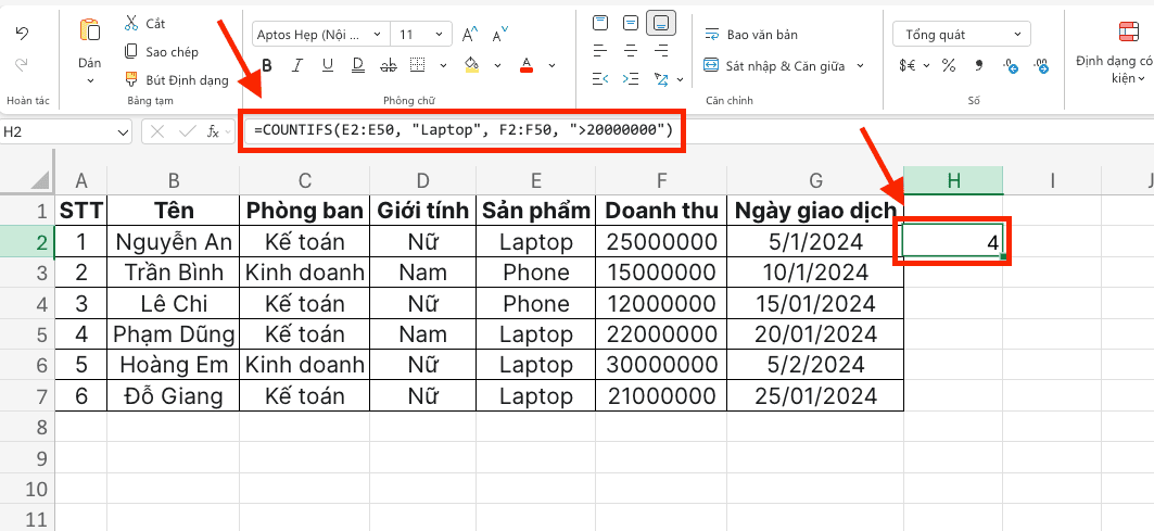Đếm kết hợp giữa chữ và số (Sử dụng toán tử so sánh)