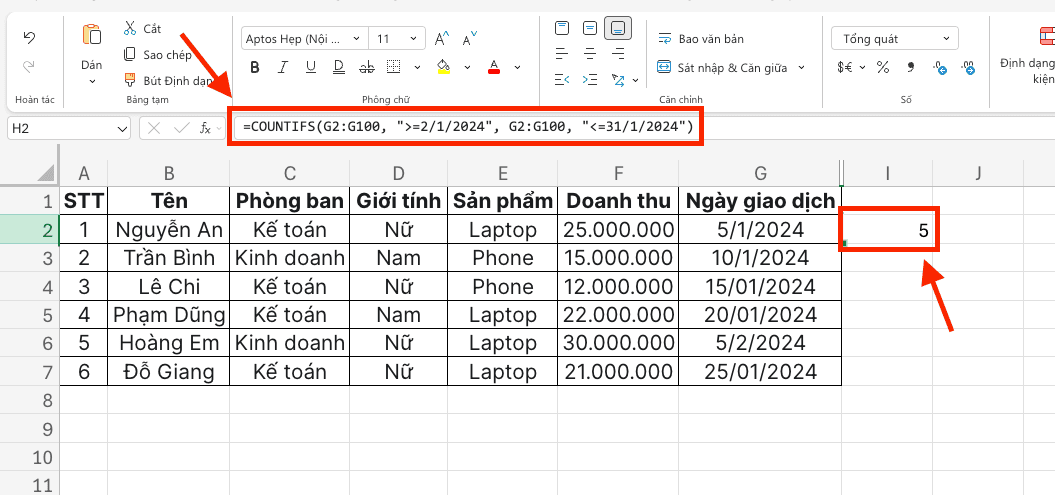 Đếm số lượng dữ liệu trong một khoảng thời gian cụ thể