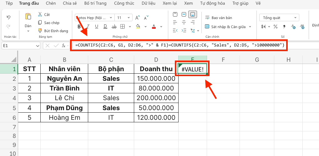 Hàm Countifs trong Excel sẽ báo lỗi #VALUE!