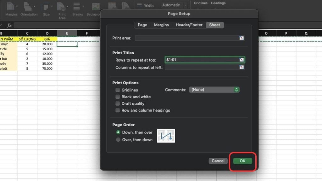 lặp tiêu đề excel trên máy mac