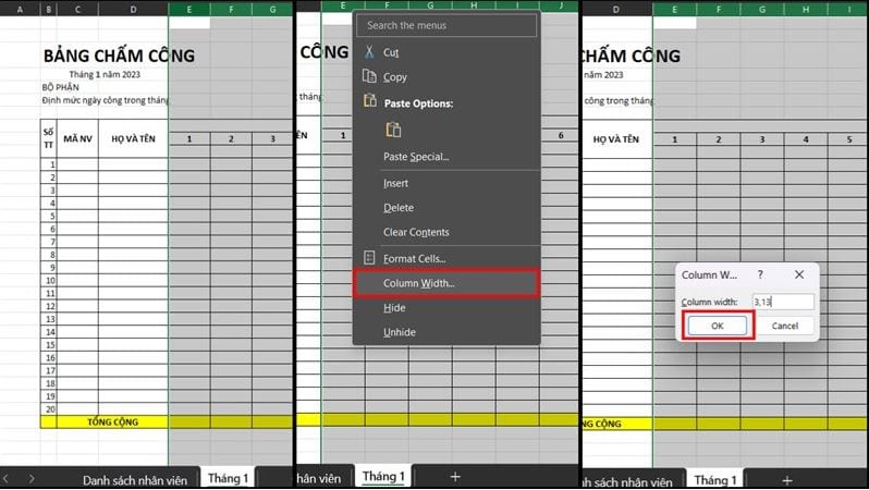click chọn Column Width