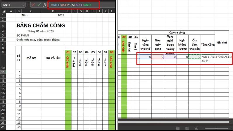 công thức “Tổng ngày công = Ngày công thực tế + Nửa công x 0.5 + Nghỉ hưởng lương + Nghỉ thai sản, ốm đau