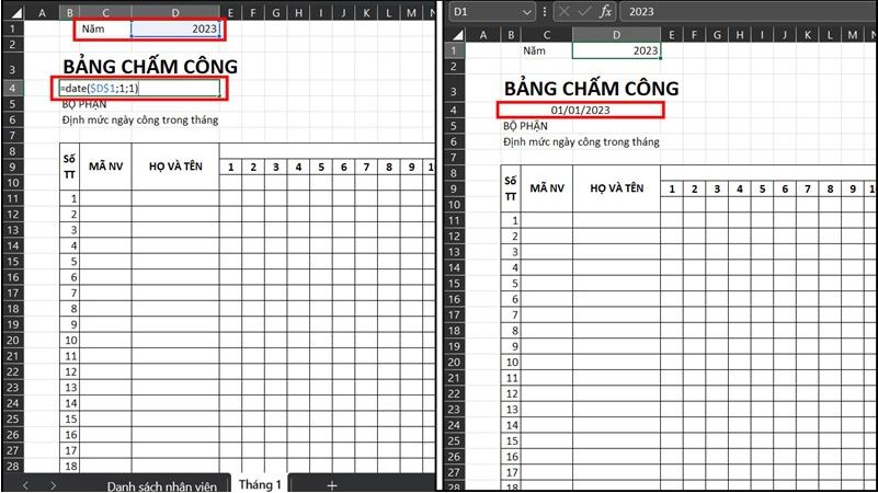 người dùng nhập hàm “=date($D$1;1;1)”