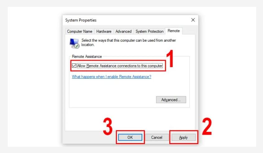 chọn mục Allow Remote Assistance connections to this computer