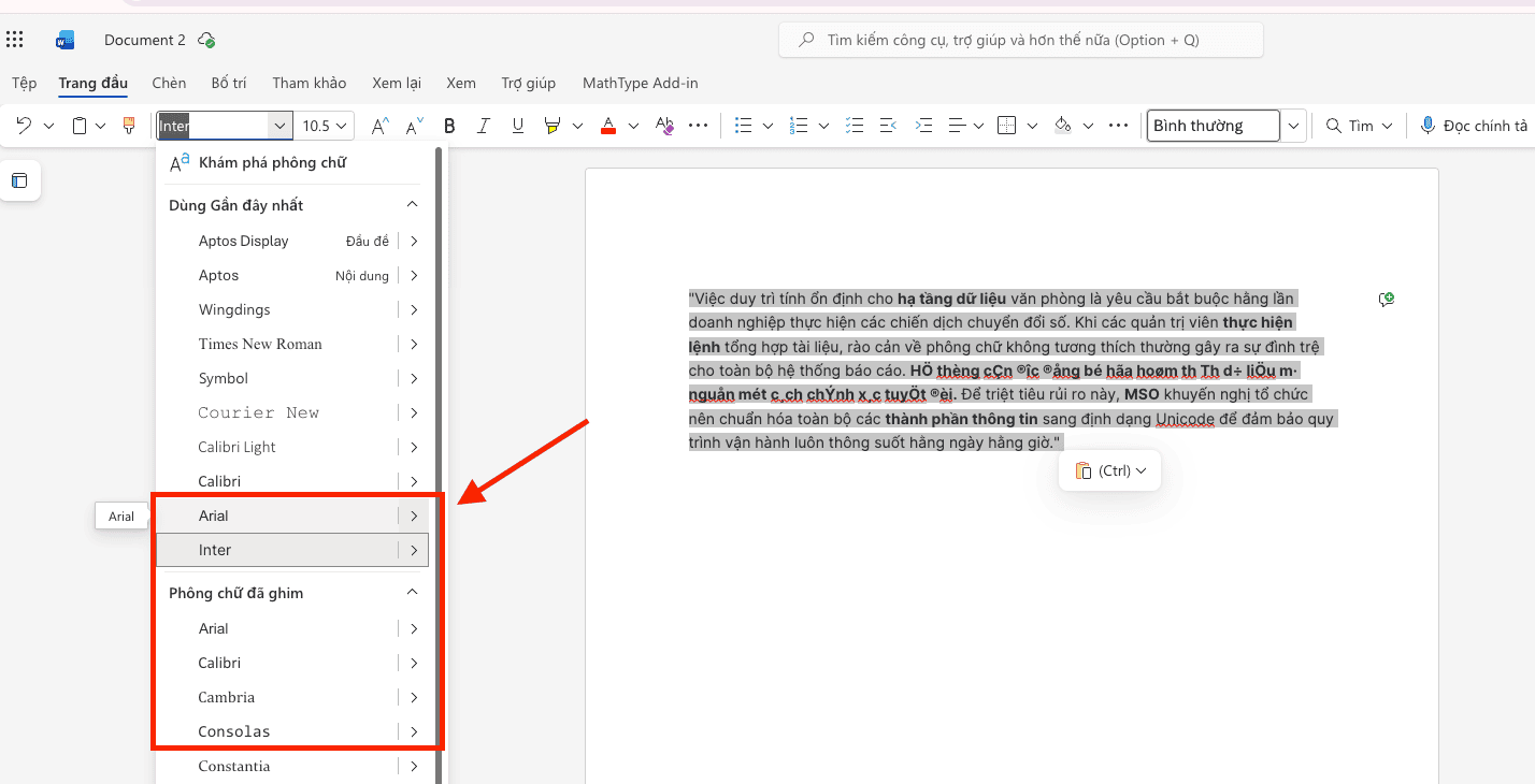 Sửa lỗi font chữ trong Word online trên hạ tầng trình duyệt