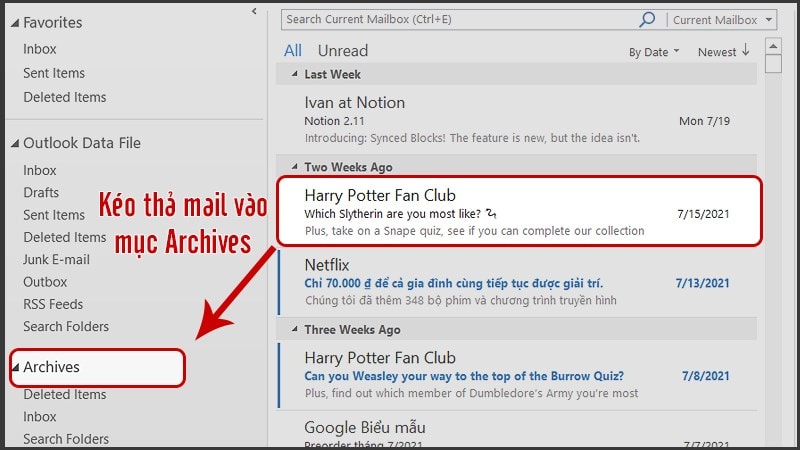 Hướng dẫn Archive email Outlook thủ công
