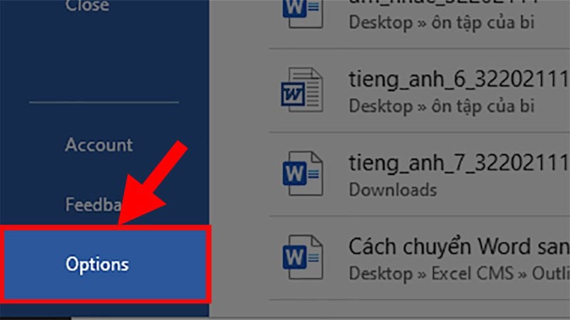Chọn mục Options