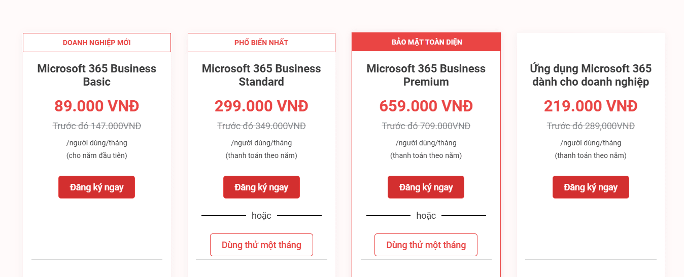 Các gói dịch vụ dành cho doanh nghiệp của Microsoft 365