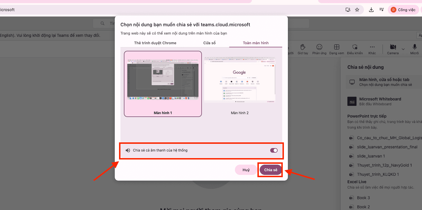 Cách share màn hình trên Teams có tiếng