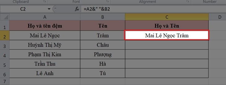 Cách gộp ô trong Excel không dùng merge bằng toán tử &