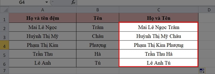 Cách gộp ô trong Excel không dùng merge bằng toán tử &
