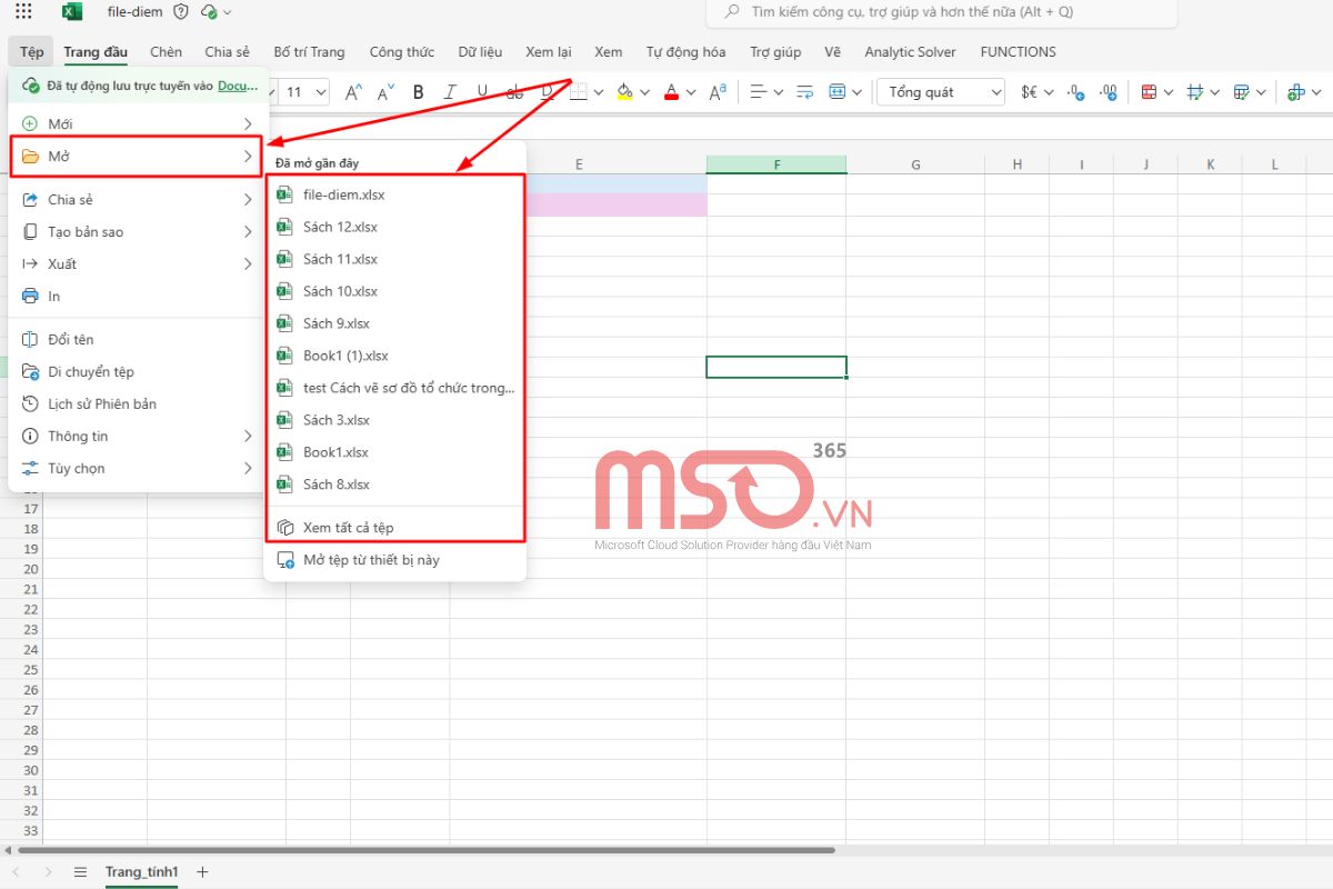 Hướng dẫn mở file bảng tính có sẵn trong Excel Web