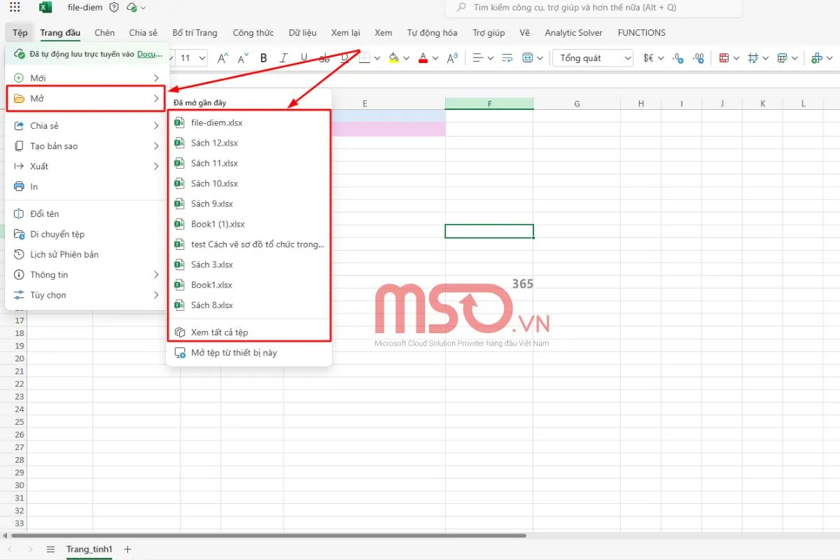 Hướng dẫn mở file bảng tính có sẵn trong Excel Web