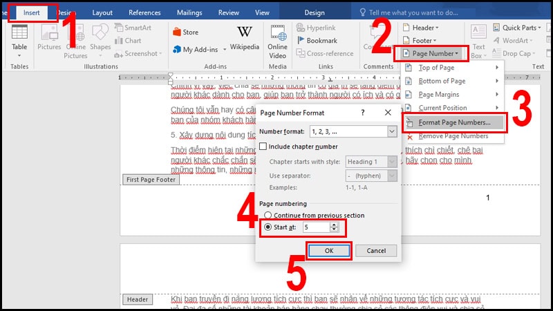 Cách đánh số trang trong MS Word từ số lớn hơn 1