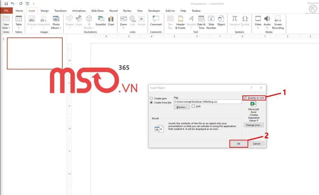 Tích chọn Display as icon (Hiển thị dưới dạng biểu tượng)