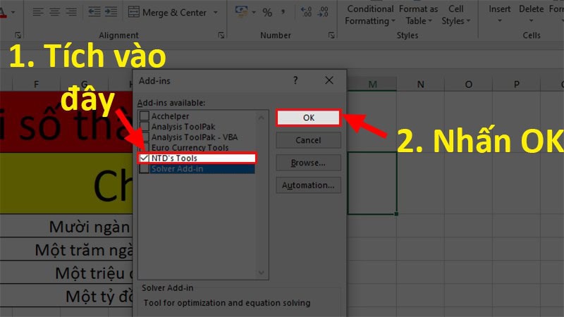 Cách sử dụng vnTools để đổi số thành chữ trong Excel
