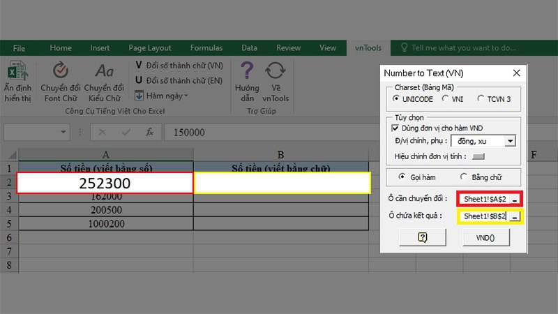 Cách sử dụng vnTools để đổi số thành chữ trong Excel
