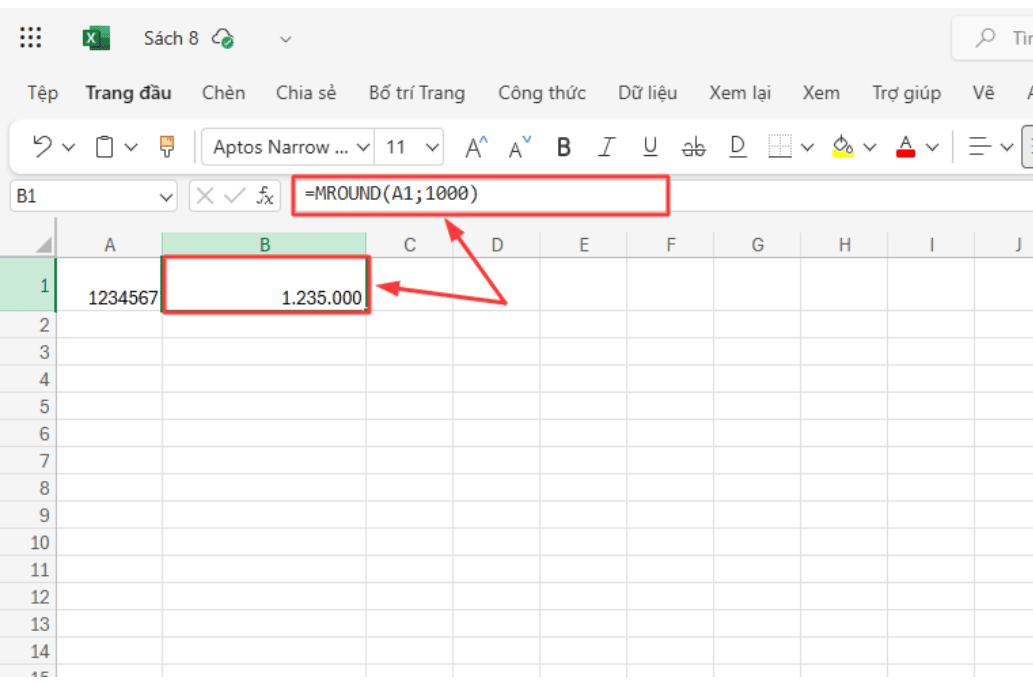 Làm tròn đến hàng nghìn trong Excel bằng hàm MROUND