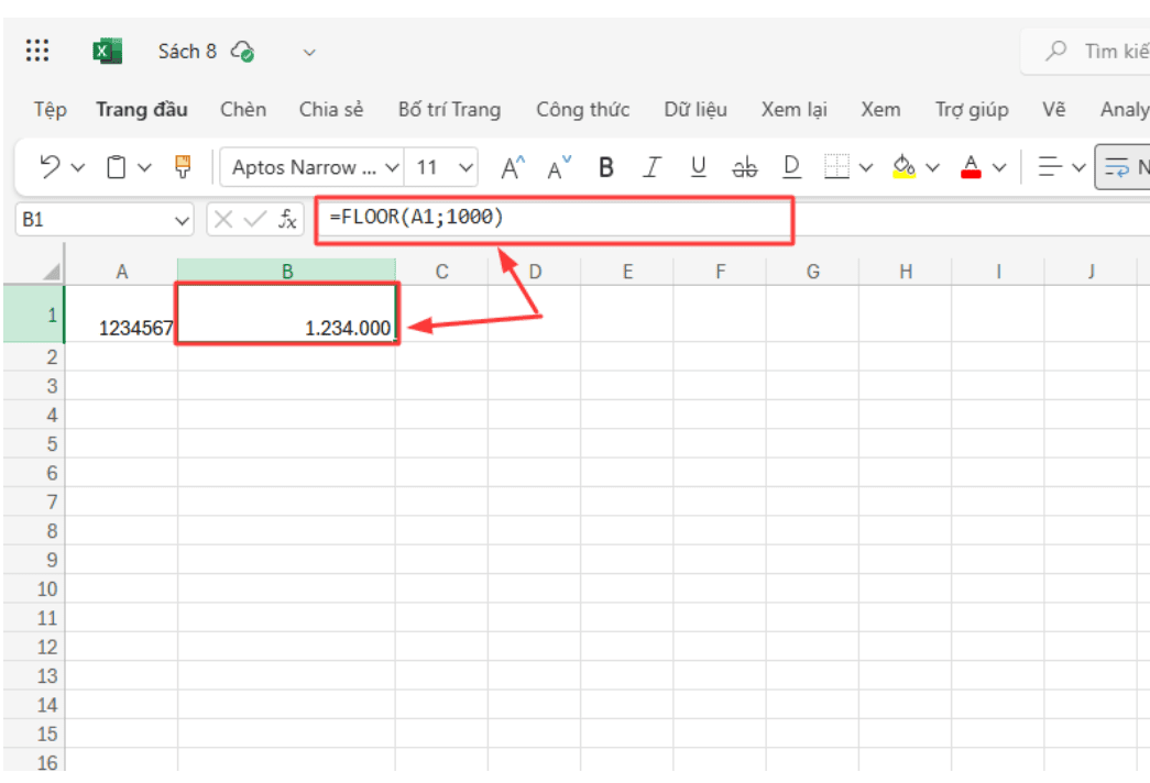 Sử dụng hàm làm tròn số tiền trong Excel - FLOOR