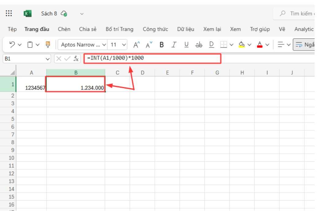Sử dụng hàm làm tròn số tiền trong Excel - INT