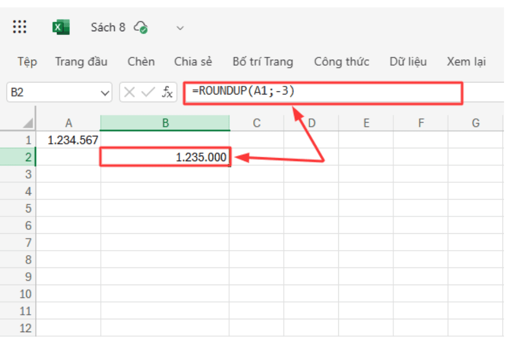 Sử dụng hàm làm tròn số tiền trong Excel - ROUNDUP
