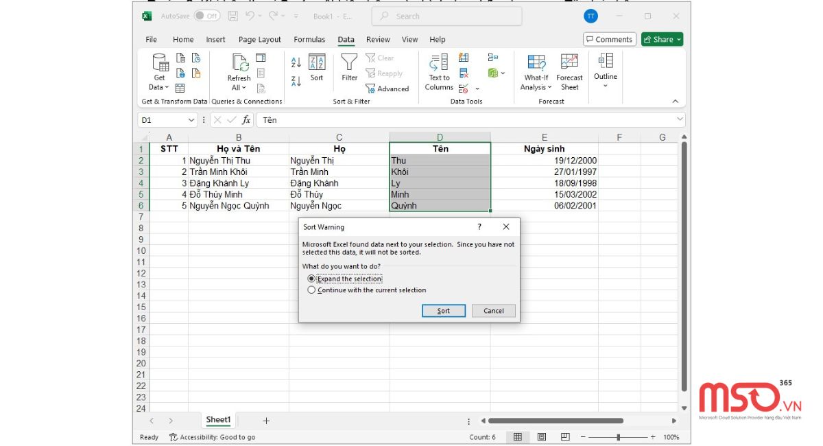 Cách sắp xếp tên theo abc trong Excel khi họ và tên chung 1 cột
