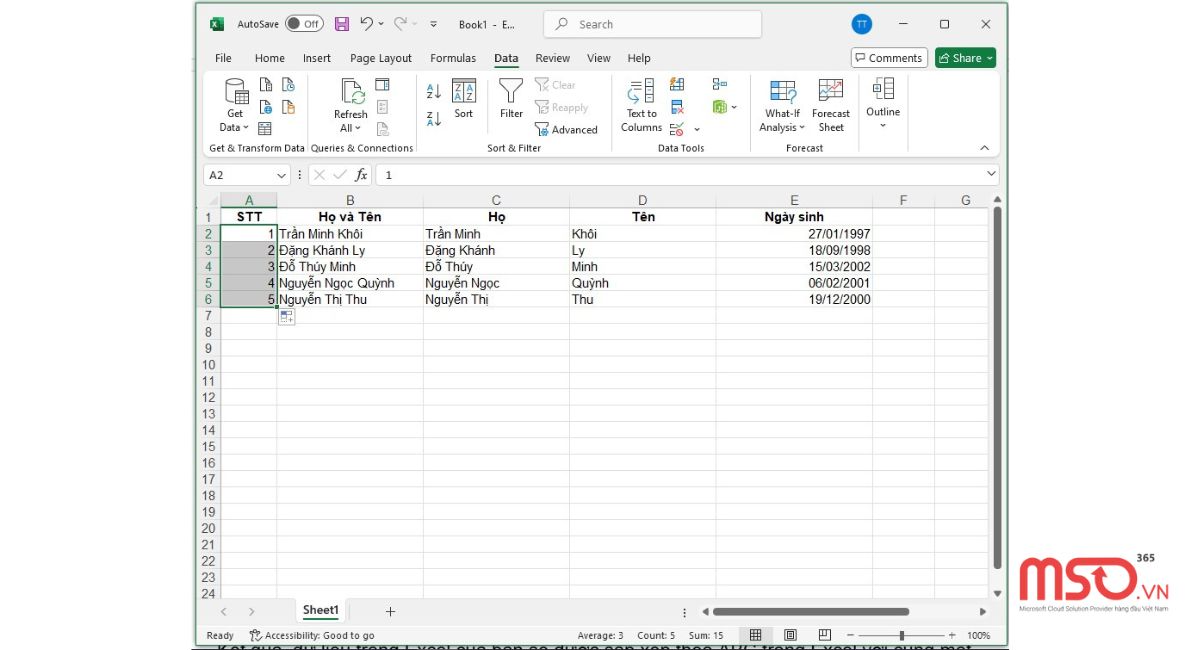 Cách sắp xếp tên theo abc trong Excel khi họ và tên chung 1 cột