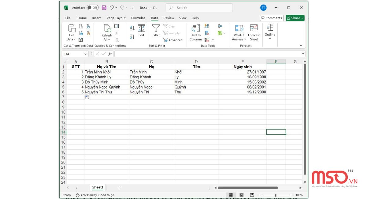 Cách sắp xếp tên theo abc trong Excel khi họ và tên chung 1 cột
