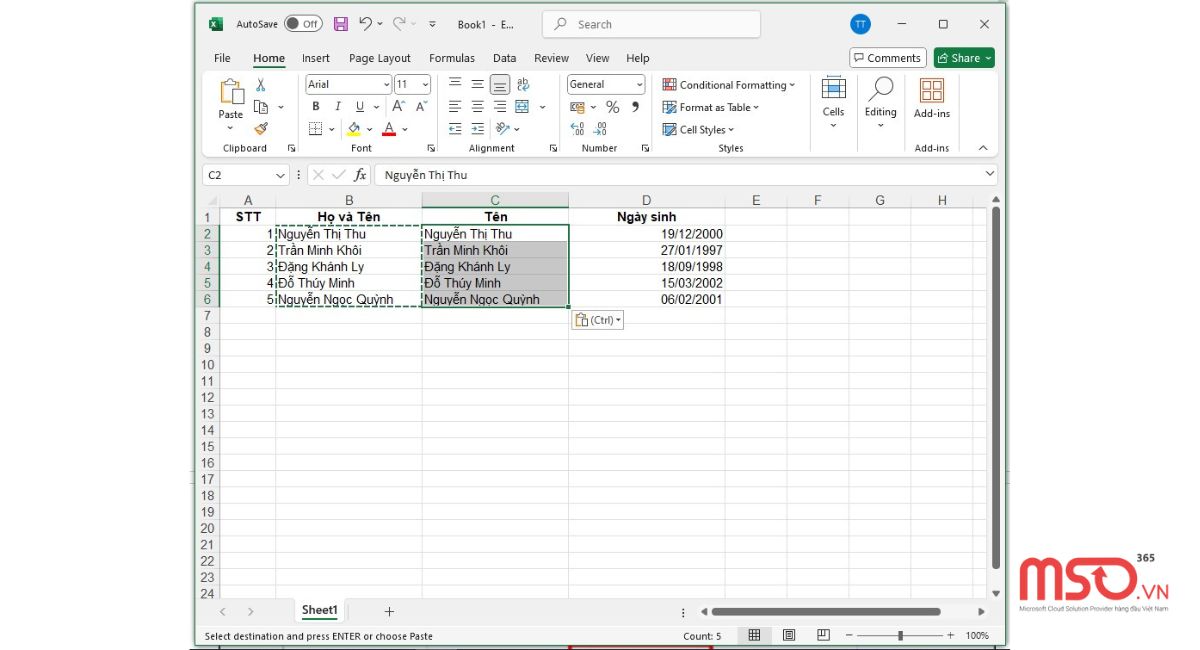 Cách sắp xếp tên theo abc trong Excel khi họ và tên chung 1 cột
