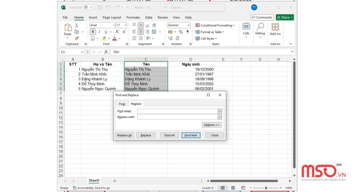 Cách sắp xếp tên theo abc trong Excel khi họ và tên chung 1 cột