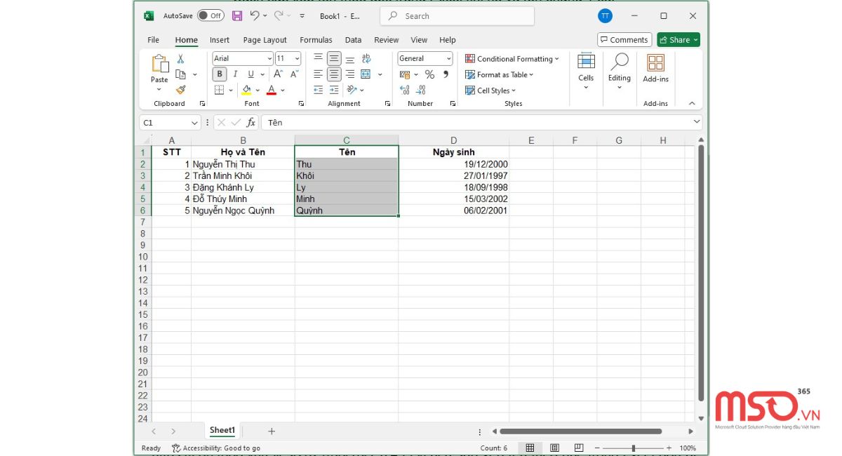 Cách sắp xếp tên theo abc trong Excel khi họ và tên chung 1 cột