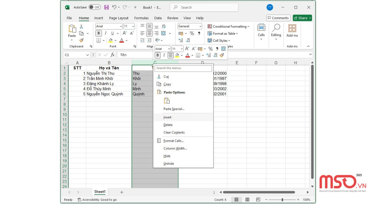 Cách sắp xếp tên theo abc trong Excel khi họ và tên chung 1 cột