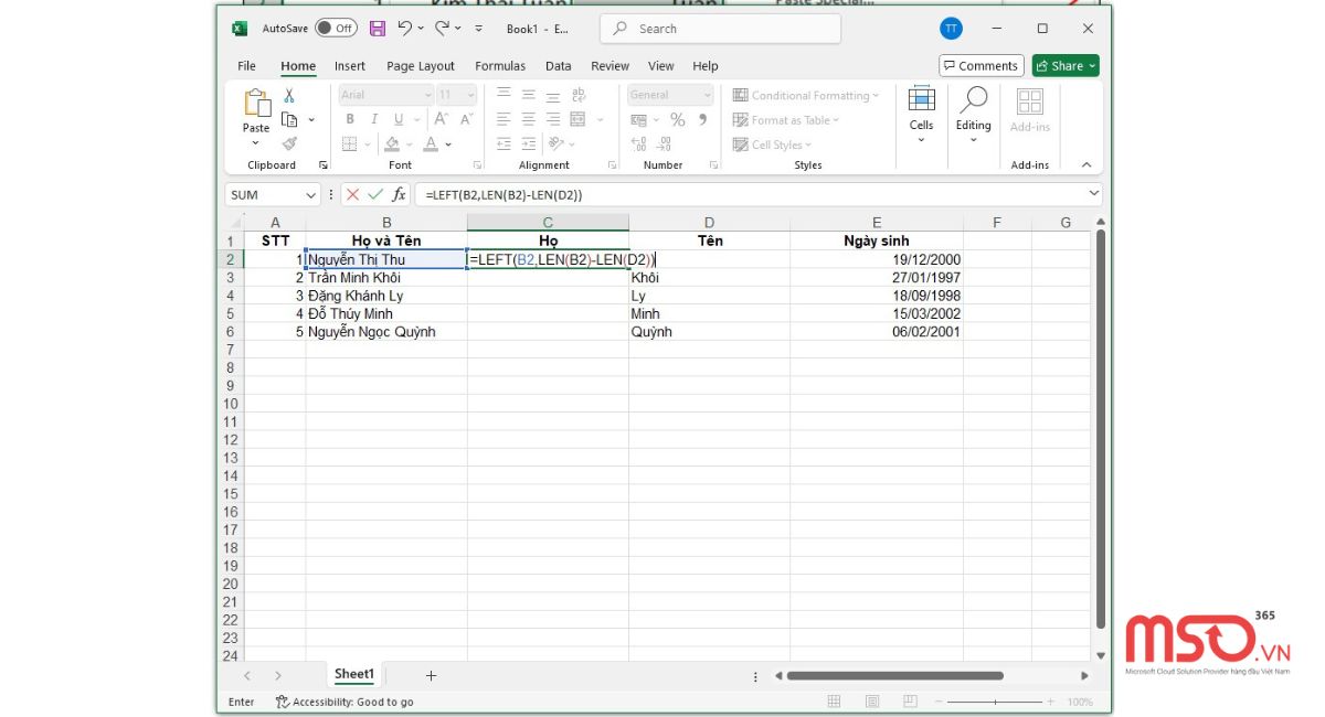 Cách sắp xếp tên theo abc trong Excel khi họ và tên chung 1 cột
