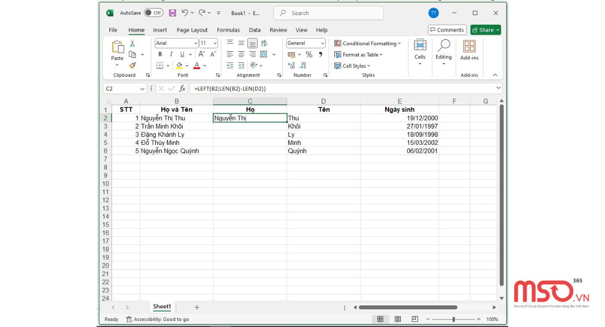 Cách sắp xếp tên theo abc trong Excel khi họ và tên chung 1 cột