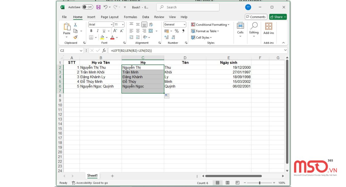 Cách sắp xếp tên theo abc trong Excel khi họ và tên chung 1 cột