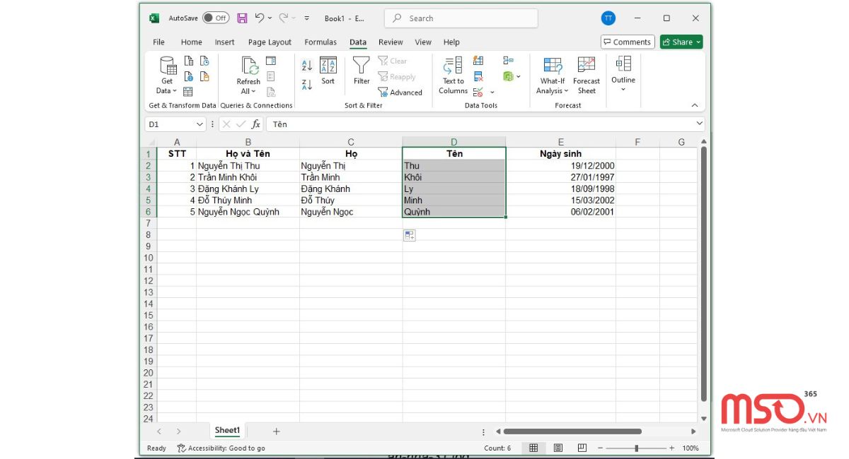 Cách sắp xếp tên theo abc trong Excel khi họ và tên chung 1 cột