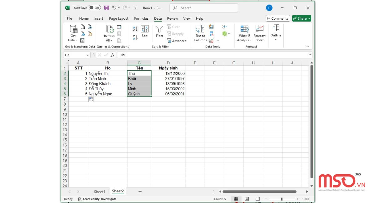 Cách sắp xếp theo abc trong Excel khi họ và tên ở 2 cột riêng